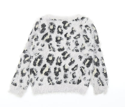 Miss Understood Girls Grey Round Neck Animal Print Acrylic Pullover Jumper Size 9 Years Pullover - Leopard Print