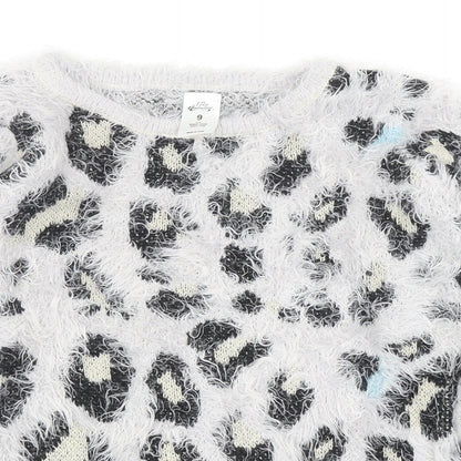 Miss Understood Girls Grey Round Neck Animal Print Acrylic Pullover Jumper Size 9 Years Pullover - Leopard Print
