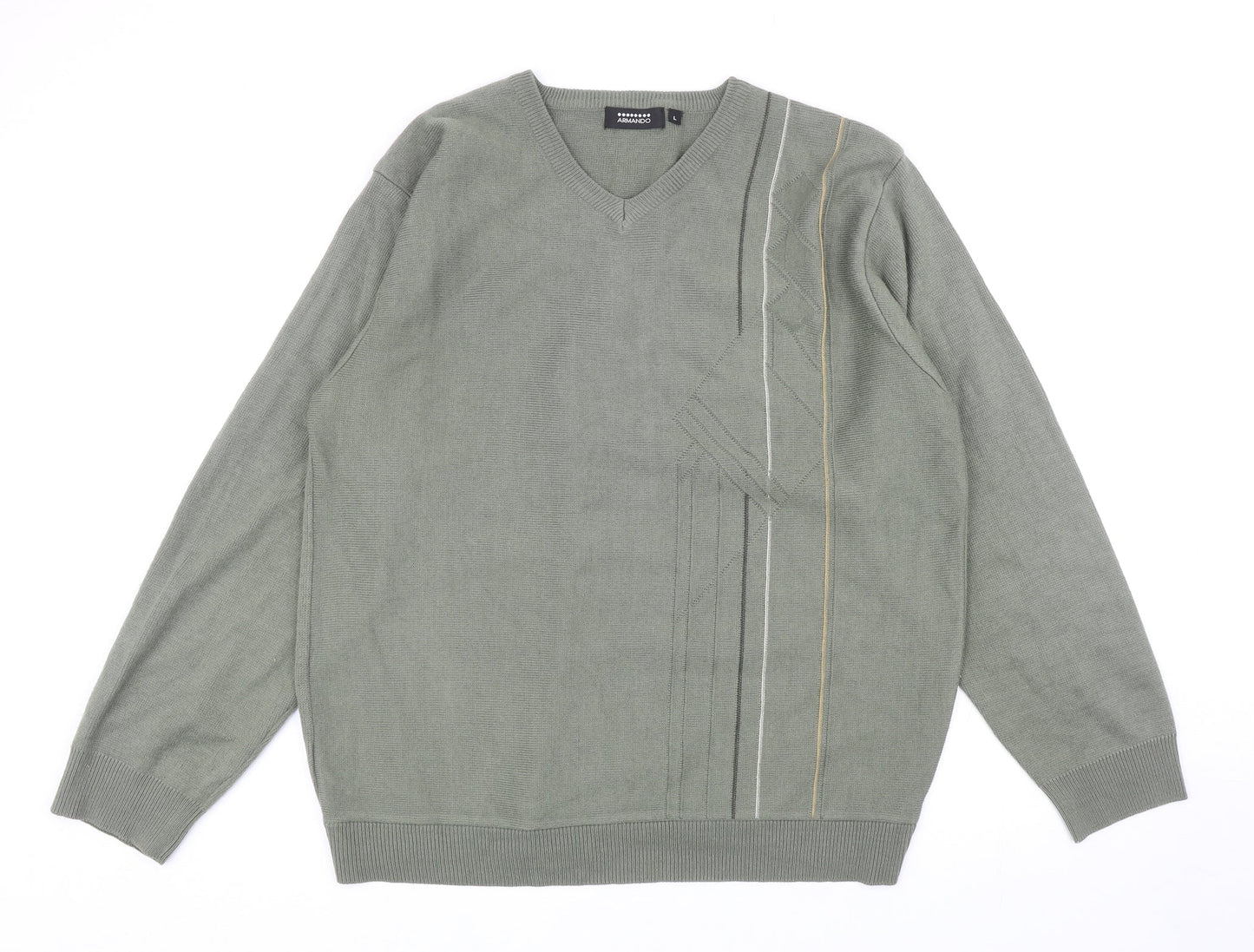 Armando Mens Green V-Neck Acrylic Pullover Jumper Size L
