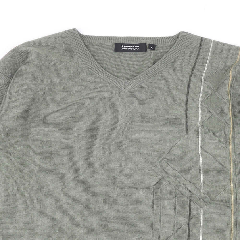 Armando Mens Green V-Neck Acrylic Pullover Jumper Size L