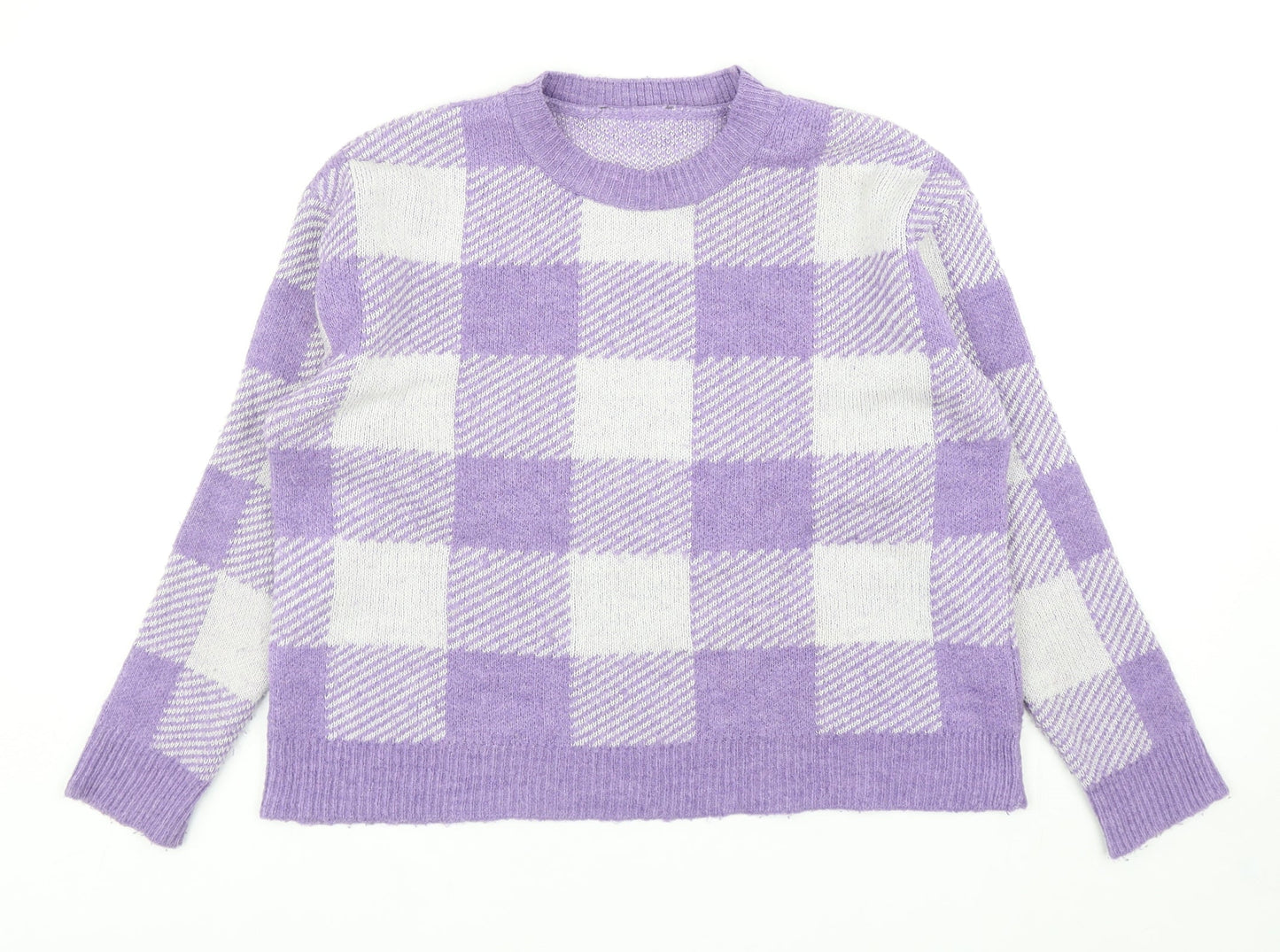 Primark Womens Purple Round Neck Check Acrylic Pullover Jumper Size XS