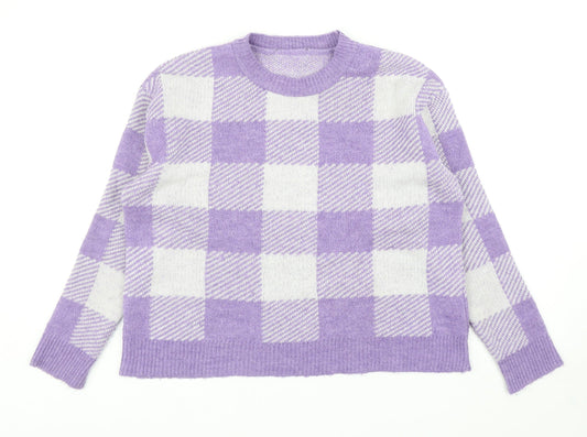 Primark Womens Purple Round Neck Check Acrylic Pullover Jumper Size XS