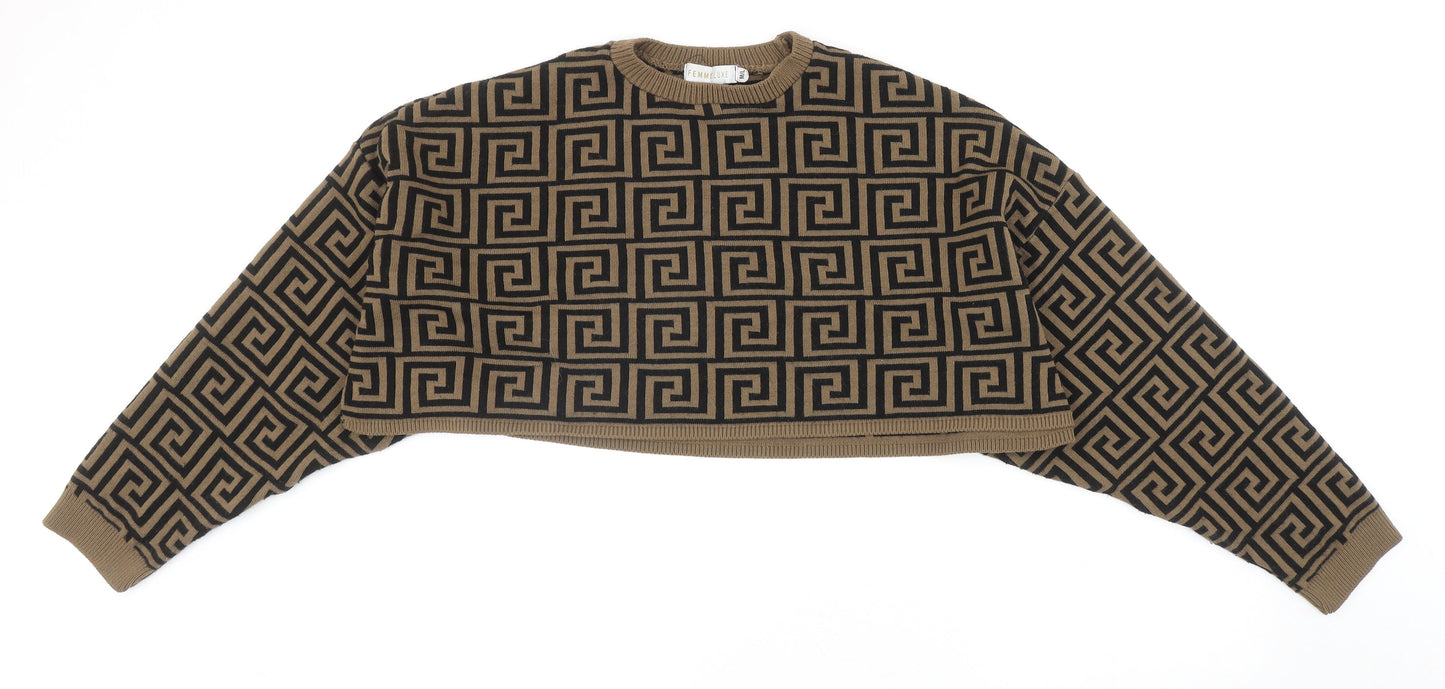 Femme Luxe Womens Brown Round Neck Geometric Acrylic Pullover Jumper Size M - Cropped, UK Size M?L