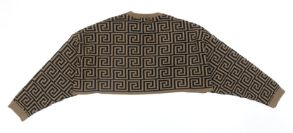 Femme Luxe Womens Brown Round Neck Geometric Acrylic Pullover Jumper Size M - Cropped, UK Size M?L