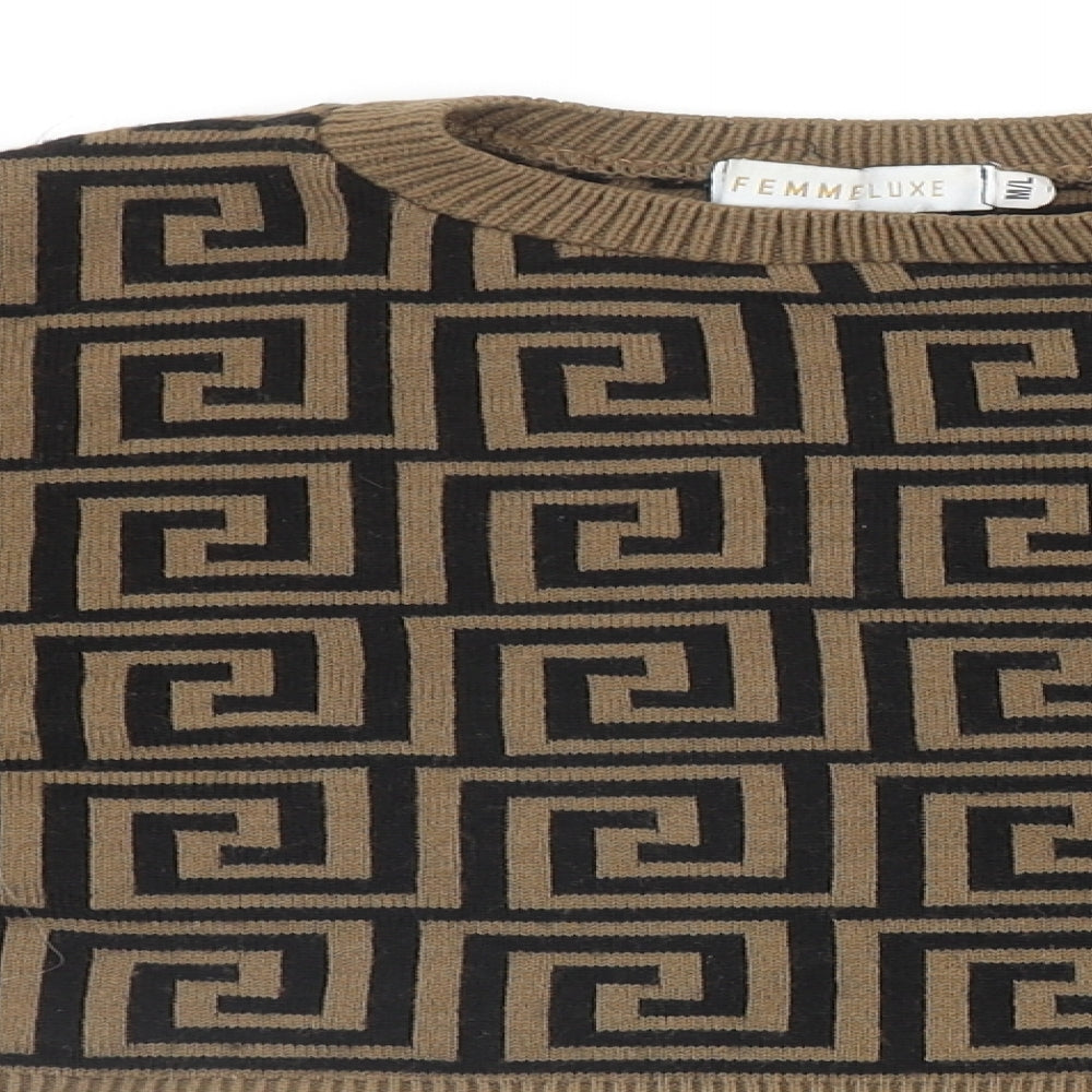 Femme Luxe Womens Brown Round Neck Geometric Acrylic Pullover Jumper Size M - Cropped, UK Size M?L
