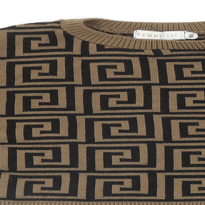 Femme Luxe Womens Brown Round Neck Geometric Acrylic Pullover Jumper Size M - Cropped, UK Size M?L