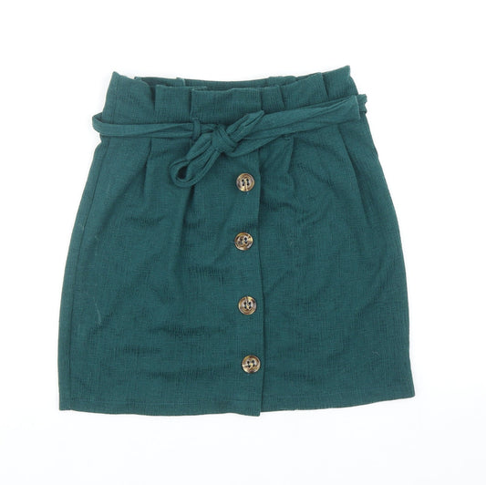 Primark Womens Green Polyester A-Line Skirt Size 6 Button - Belted