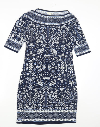 Max Studio Womens Blue Geometric Polyester Bodycon Size S Scoop Neck Pullover