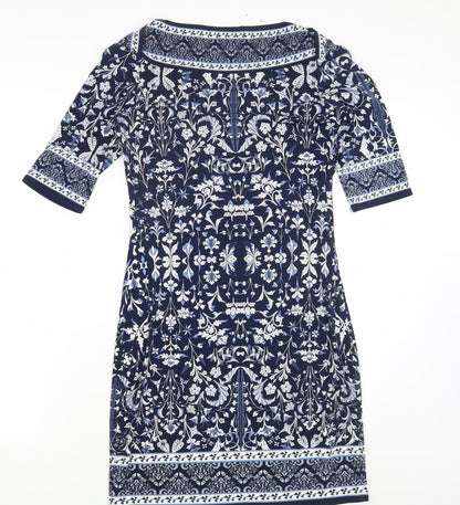 Max Studio Womens Blue Geometric Polyester Bodycon Size S Scoop Neck Pullover