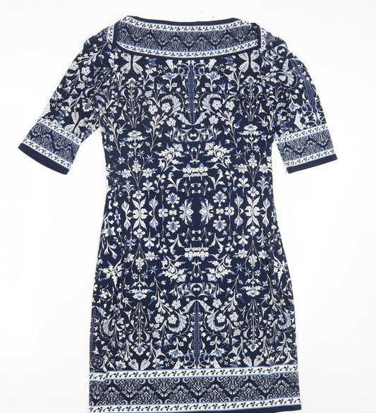 Max Studio Womens Blue Geometric Polyester Bodycon Size S Scoop Neck Pullover