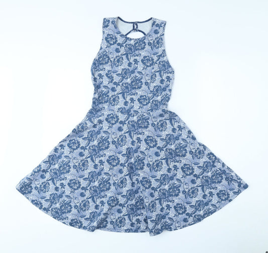 Hollister Womens Blue Floral Cotton A-Line Size XS Crew Neck Button - Flared Bottom