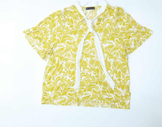 Marks and Spencer Womens Yellow Floral Polyester Basic Blouse Size 20 V-Neck