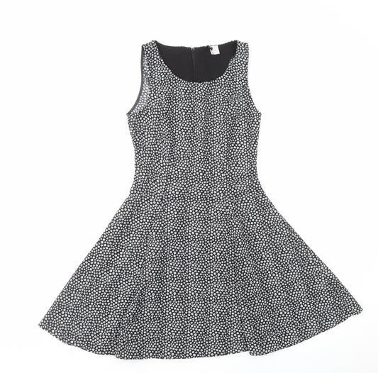 H&M Womens Black Floral Polyester Tank Dress Size 6 Round Neck Zip