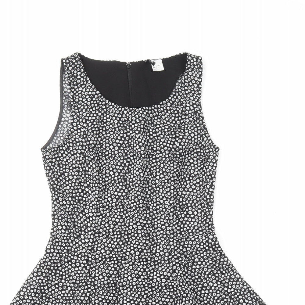 H&M Womens Black Floral Polyester Tank Dress Size 6 Round Neck Zip