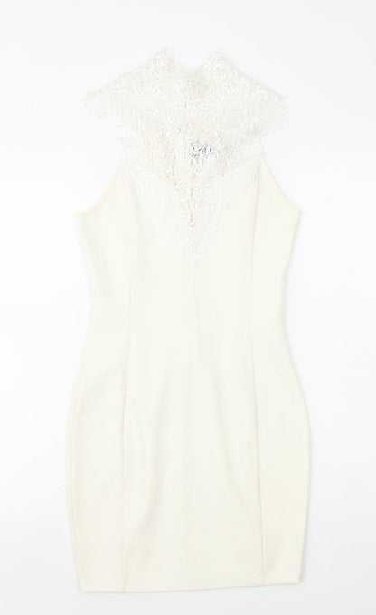 Miss Holly Womens White Cotton Mini Size XS High Neck Zip - Lace Top