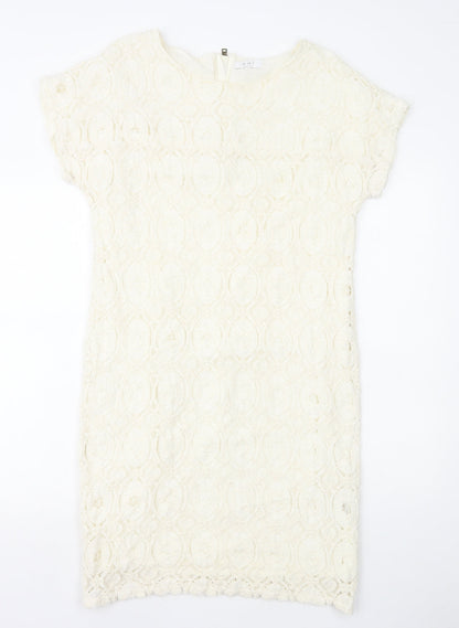 Oui Womens White Geometric Polyamide Shift Size 12 Round Neck Zip - Lace Overlay
