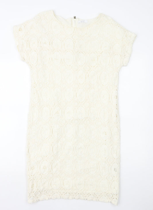 Oui Womens White Geometric Polyamide Shift Size 12 Round Neck Zip - Lace Overlay