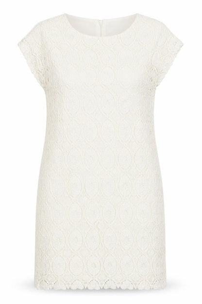 Oui Womens White Geometric Polyamide Shift Size 12 Round Neck Zip - Lace Overlay