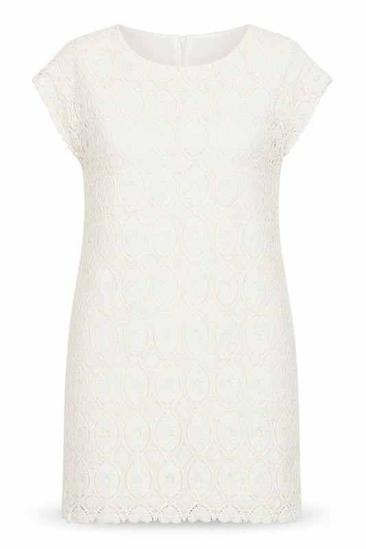 Oui Womens White Geometric Polyamide Shift Size 12 Round Neck Zip - Lace Overlay