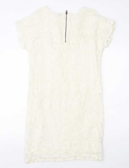 Oui Womens White Geometric Polyamide Shift Size 12 Round Neck Zip - Lace Overlay