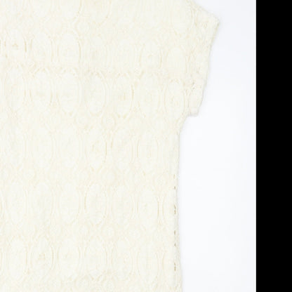 Oui Womens White Geometric Polyamide Shift Size 12 Round Neck Zip - Lace Overlay
