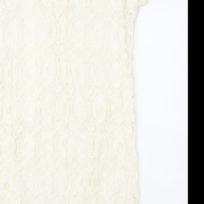 Oui Womens White Geometric Polyamide Shift Size 12 Round Neck Zip - Lace Overlay