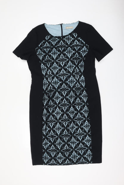 Planet Womens Black Geometric Polyester Shift Size 14 Round Neck Zip