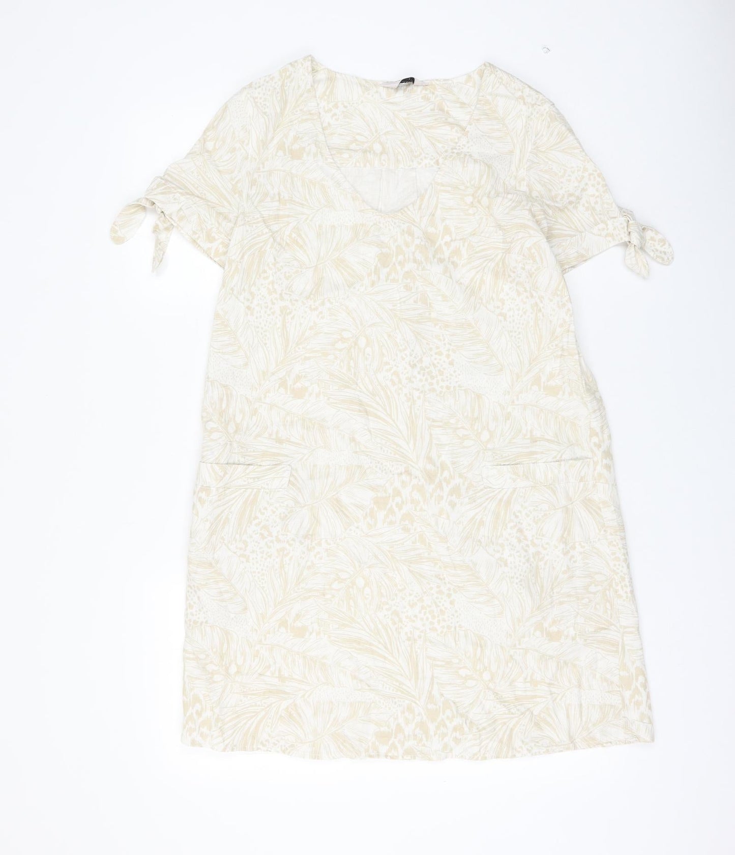 TU Womens Beige Geometric Linen Shift Size 8 V-Neck Pullover