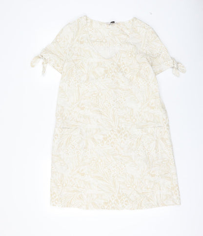 TU Womens Beige Geometric Linen Shift Size 8 V-Neck Pullover