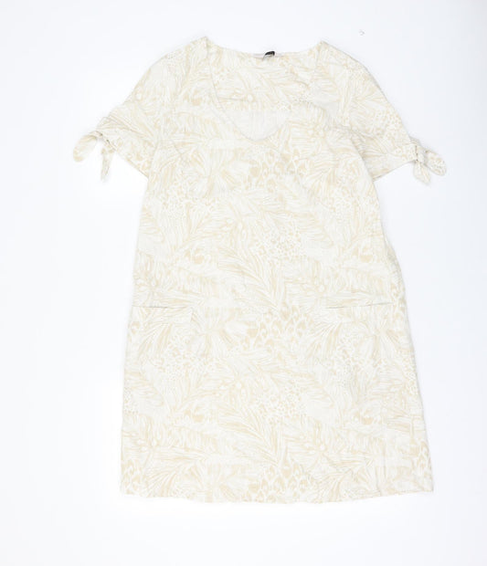 TU Womens Beige Geometric Linen Shift Size 8 V-Neck Pullover