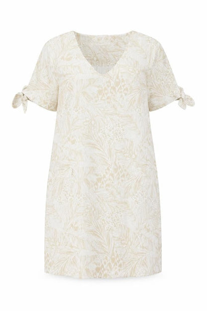 TU Womens Beige Geometric Linen Shift Size 8 V-Neck Pullover