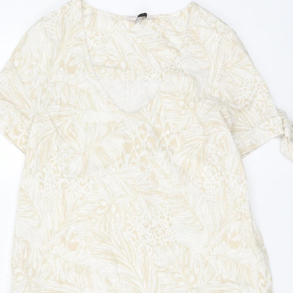 TU Womens Beige Geometric Linen Shift Size 8 V-Neck Pullover