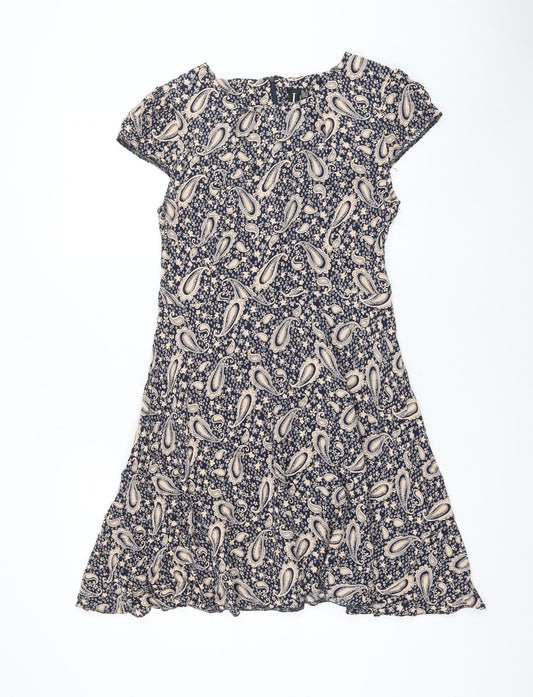 Izabel London Womens Blue Paisley Viscose Skater Dress Size 12 Round Neck Zip