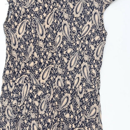 Izabel London Womens Blue Paisley Viscose Skater Dress Size 12 Round Neck Zip