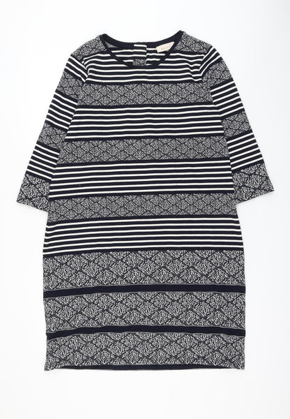 Marks and Spencer Womens Blue Striped Cotton Shift Size 16 Round Neck Zip