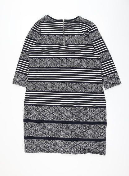 Marks and Spencer Womens Blue Striped Cotton Shift Size 16 Round Neck Zip