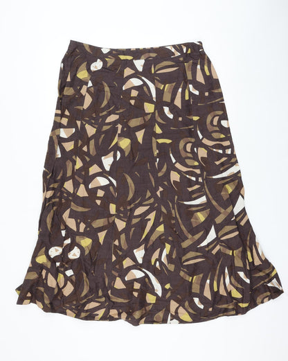Marks and Spencer Womens Brown Geometric Ramie A-Line Skirt Size 14 Zip