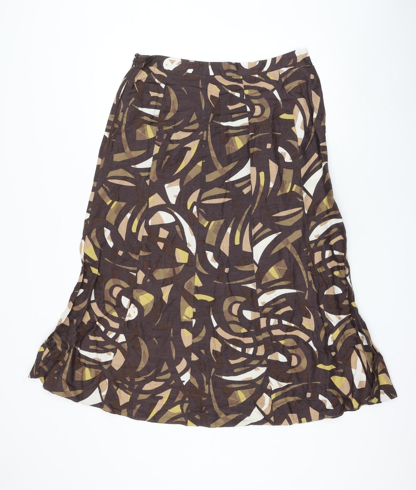 Marks and Spencer Womens Brown Geometric Ramie A-Line Skirt Size 14 Zip