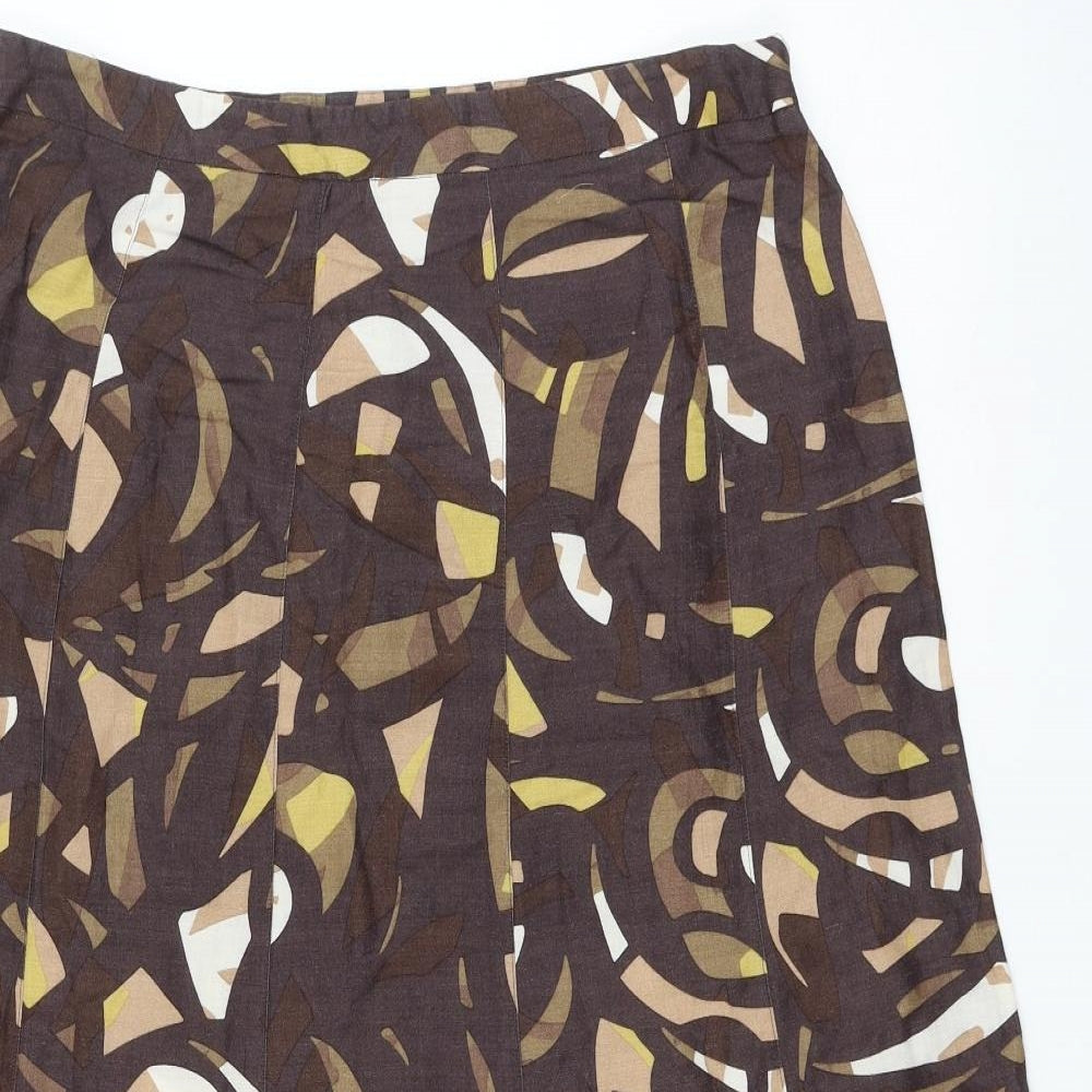Marks and Spencer Womens Brown Geometric Ramie A-Line Skirt Size 14 Zip