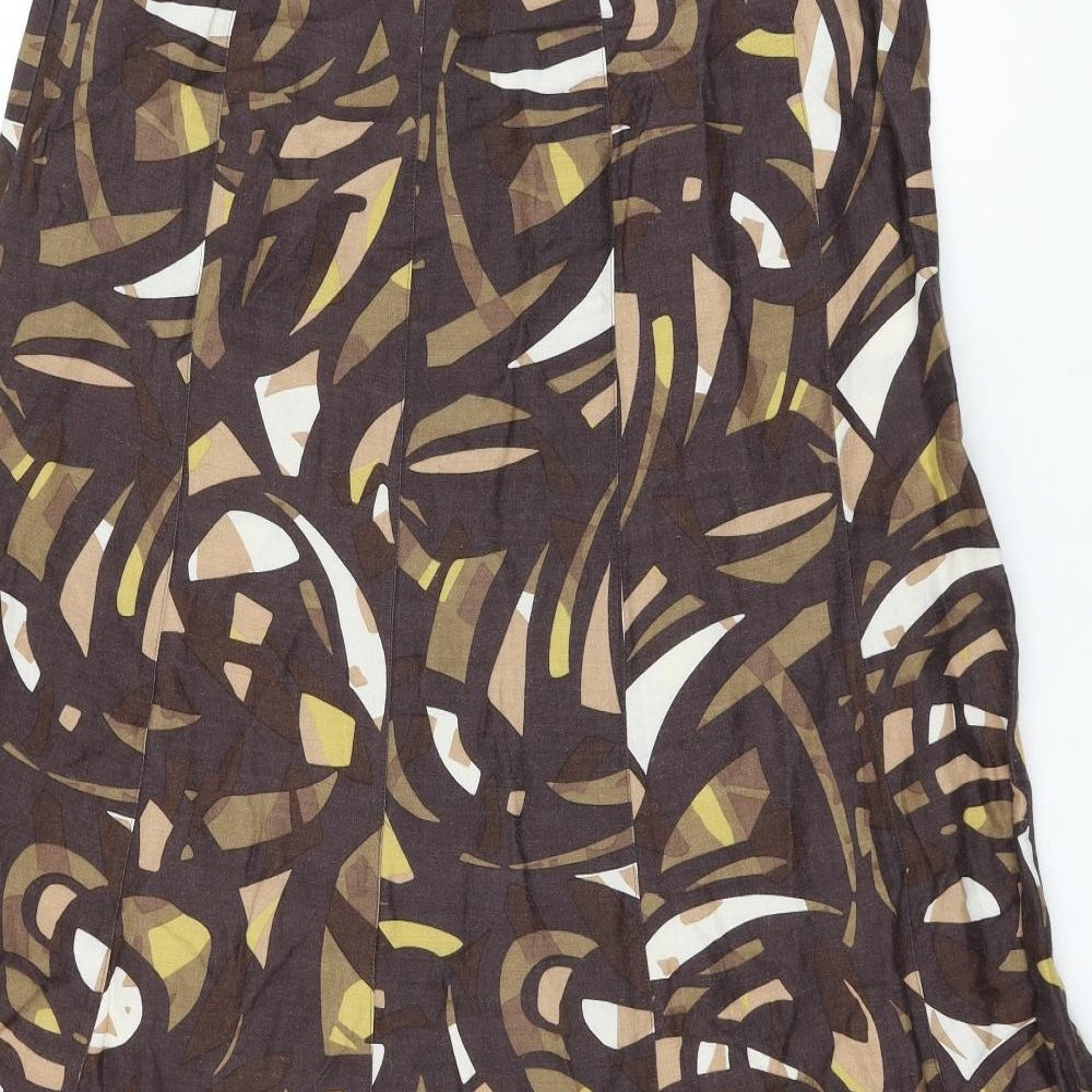 Marks and Spencer Womens Brown Geometric Ramie A-Line Skirt Size 14 Zip