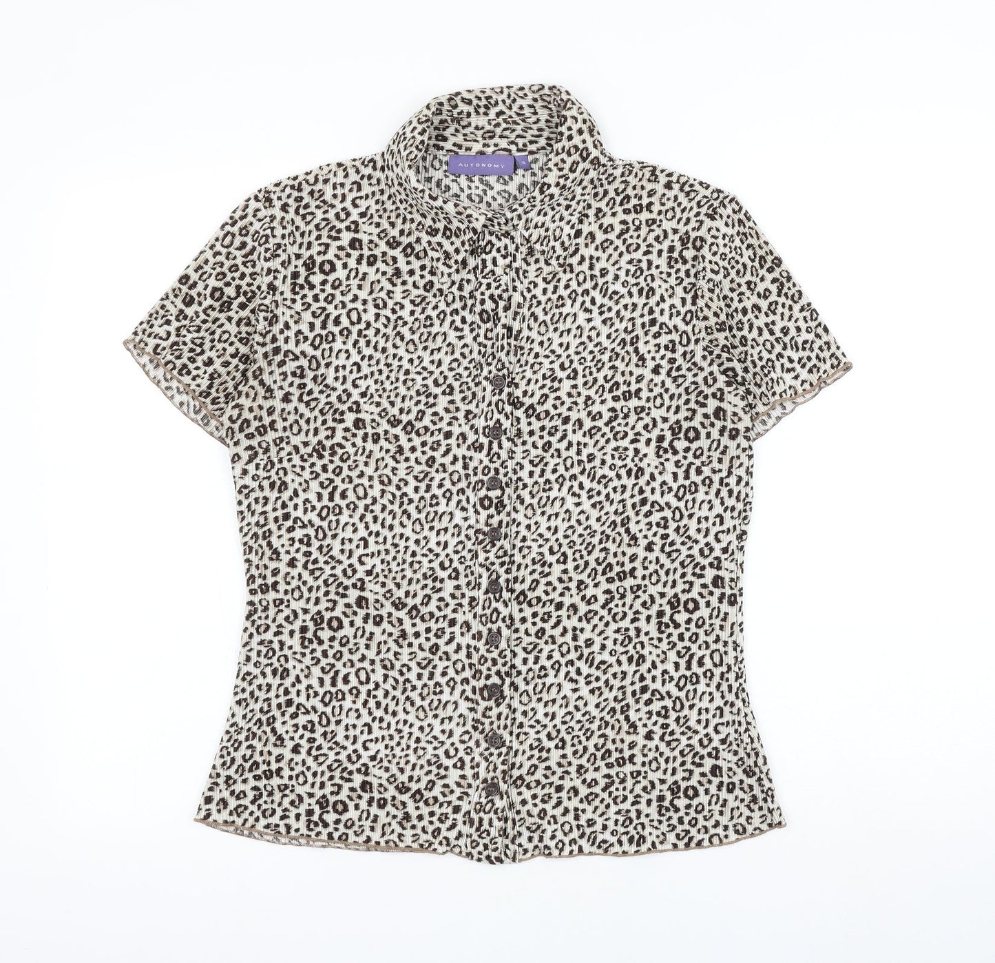 Autonomy Womens Brown Animal Print Polyester Basic Button-Up Size 10 Collared - Leopard Print