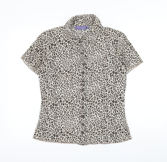 Autonomy Womens Brown Animal Print Polyester Basic Button-Up Size 10 Collared - Leopard Print