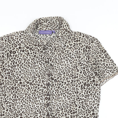 Autonomy Womens Brown Animal Print Polyester Basic Button-Up Size 10 Collared - Leopard Print