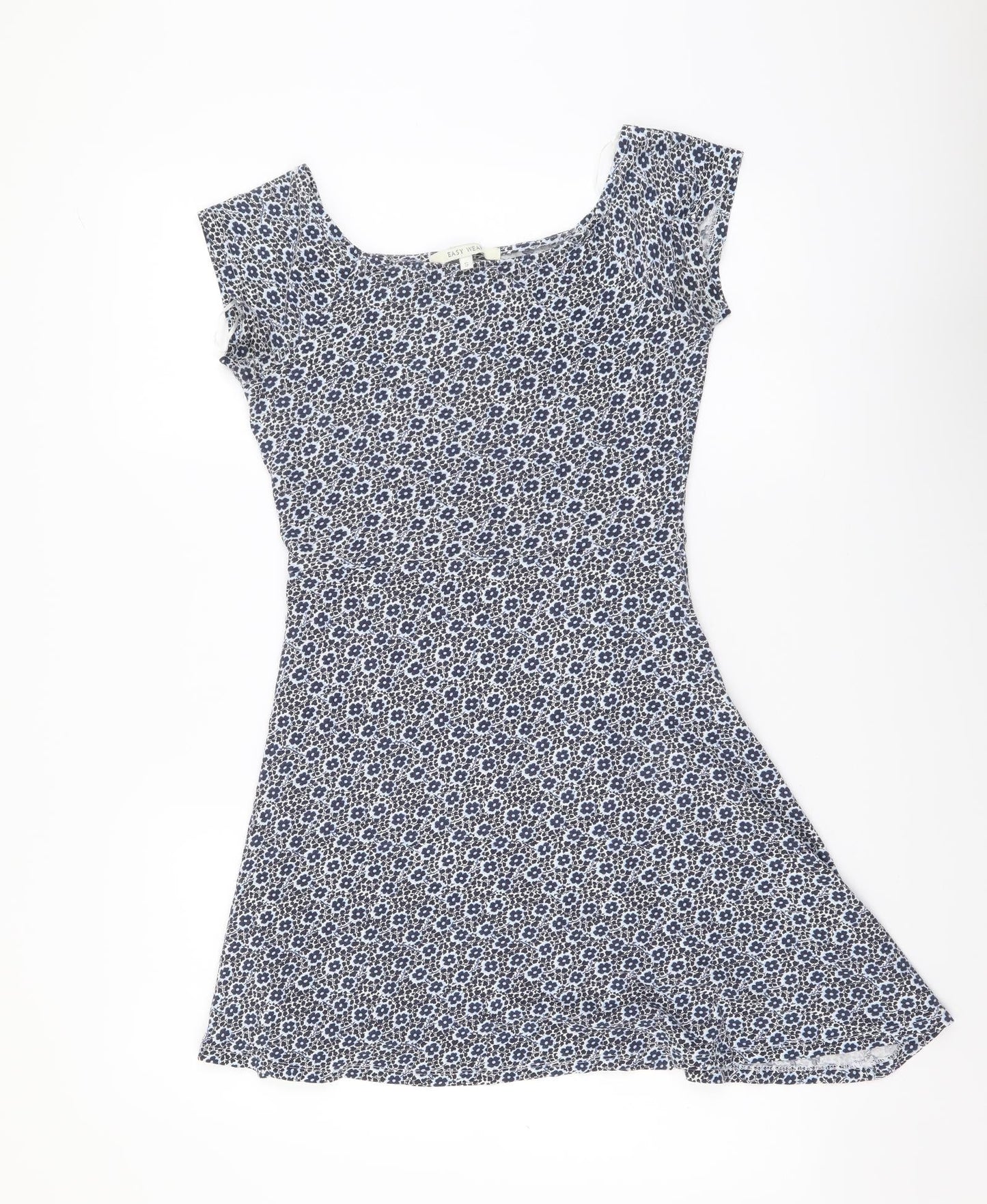 Easy Wear Womens Blue Floral Cotton Mini Size S Boat Neck Pullover