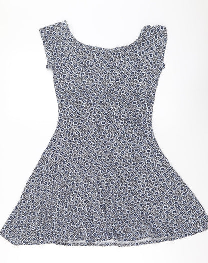 Easy Wear Womens Blue Floral Cotton Mini Size S Boat Neck Pullover