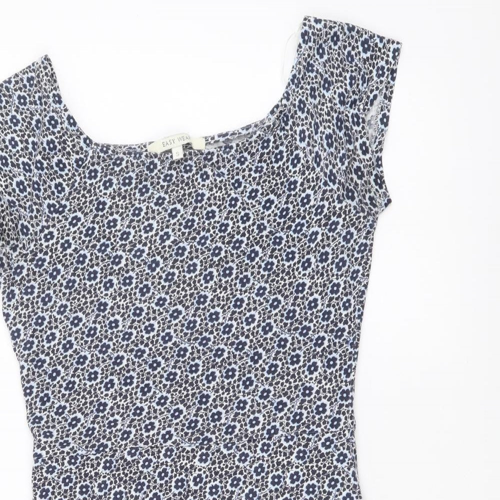 Easy Wear Womens Blue Floral Cotton Mini Size S Boat Neck Pullover