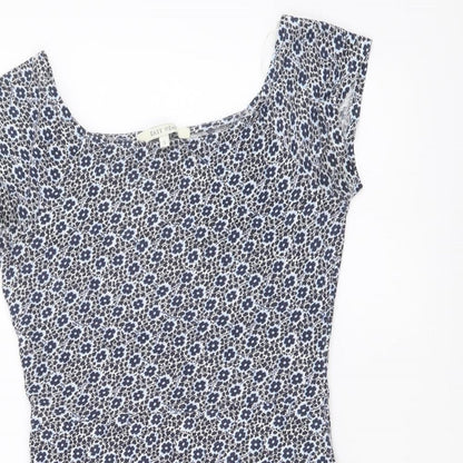 Easy Wear Womens Blue Floral Cotton Mini Size S Boat Neck Pullover