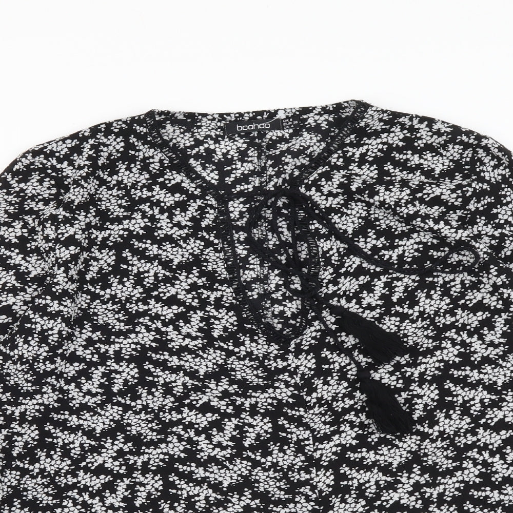 Boohoo Womens Black Geometric Polyester Basic Blouse Size 8 Round Neck