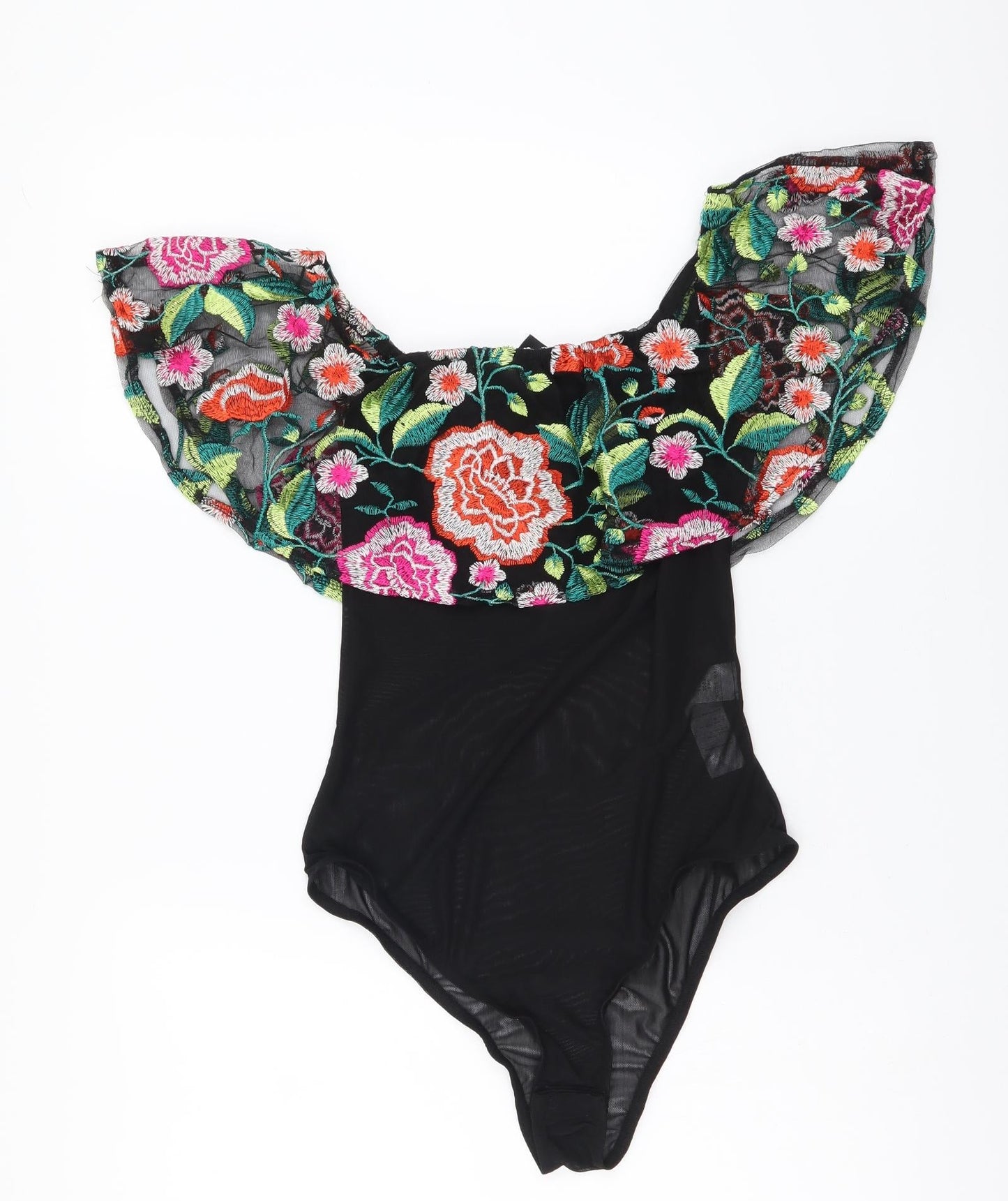 New Look Womens Black Floral Polyester Bodysuit One-Piece Size 8 Snap