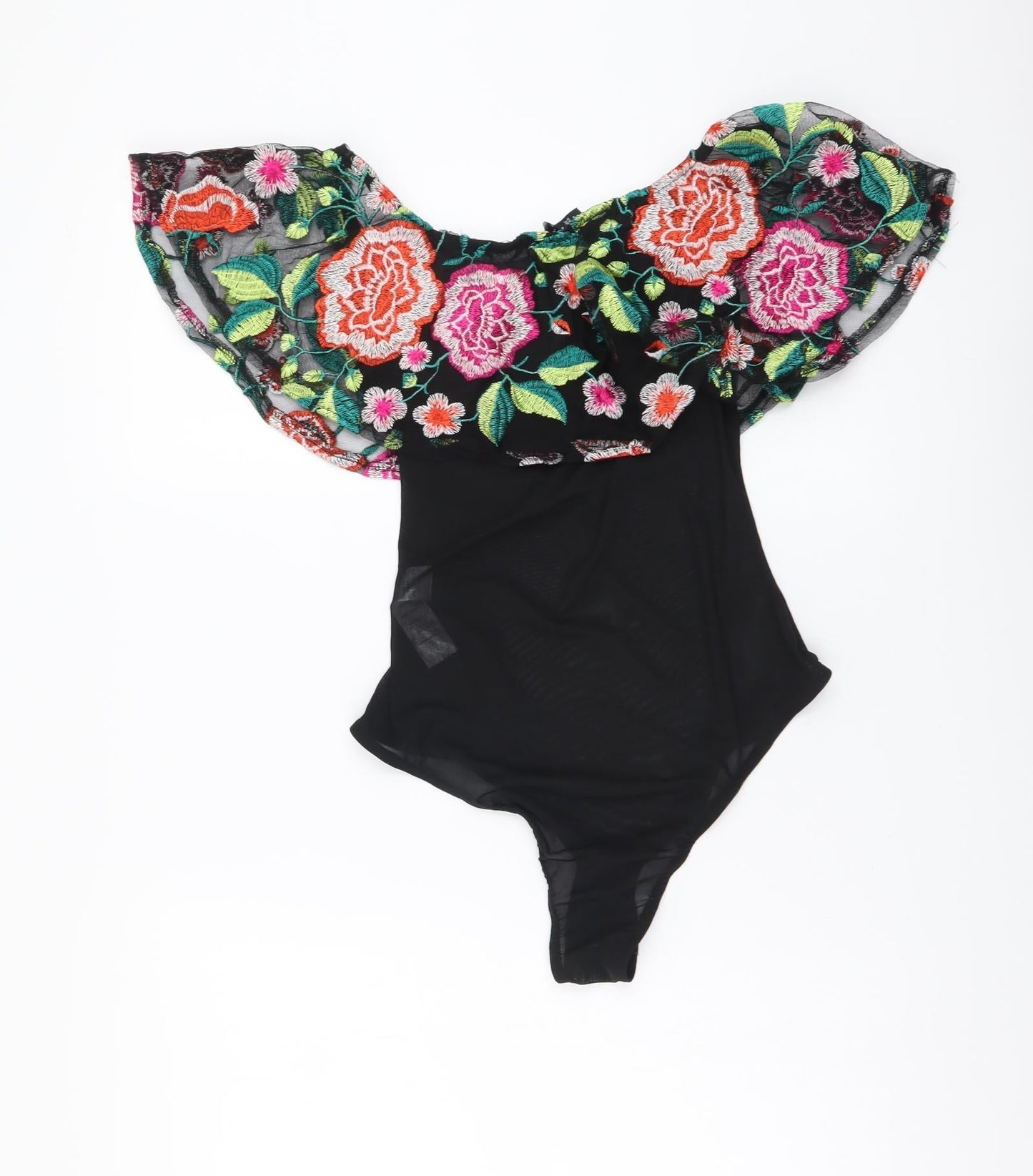 New Look Womens Black Floral Polyester Bodysuit One-Piece Size 8 Snap